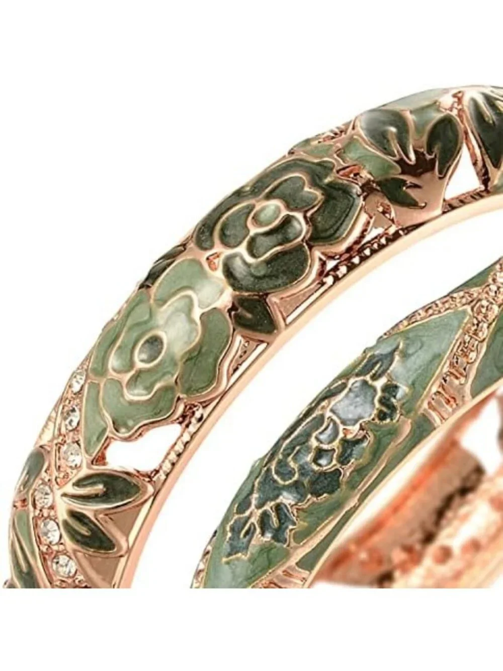 Vintage Cloisonne Handcrafted Enameled Rhinestone Rose Cuff Bracelet Gift